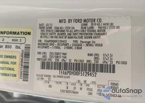 2015 Ford Fusion Se from USA, damaged, VIN 1FA6P0HD0F5129452